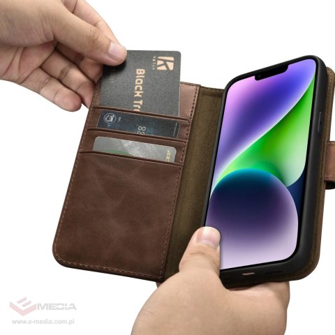 ICarer Oil Wax Wallet Case 2in1 etui iPhone 14 Plus skórzany pokrowiec z klapką Anti-RFID brązowy (WMI14220723-BN)