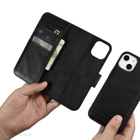 ICarer Oil Wax Wallet Case 2in1 etui iPhone 14 Plus skórzany pokrowiec z klapką Anti-RFID czarny (WMI14220723-BK)