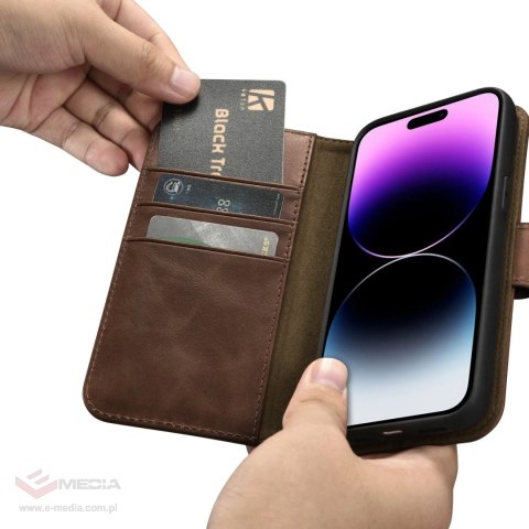 ICarer Oil Wax Wallet Case 2in1 etui iPhone 14 Pro Max skórzany pokrowiec z klapką Anti-RFID brązowy (WMI14220724-BN)