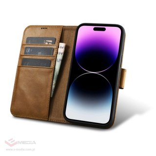 ICarer Oil Wax Wallet Case 2in1 etui iPhone 14 Pro skórzany pokrowiec z klapką Anti-RFID brązowy (WMI14220722-TN)