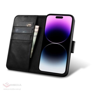 ICarer Oil Wax Wallet Case 2in1 etui iPhone 14 Pro skórzany pokrowiec z klapką Anti-RFID czarny (WMI14220722-BK)