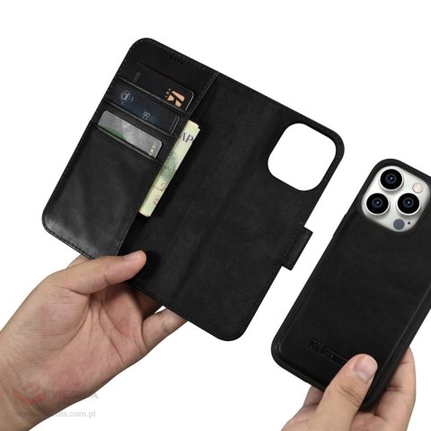 ICarer Oil Wax Wallet Case 2in1 etui iPhone 14 Pro skórzany pokrowiec z klapką Anti-RFID czarny (WMI14220722-BK)