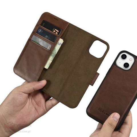 ICarer Oil Wax Wallet Case 2in1 etui iPhone 14 skórzany pokrowiec z klapką Anti-RFID brązowy (WMI14220721-BN)