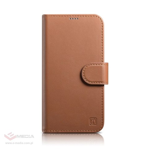 ICarer Wallet Case 2in1 etui iPhone 14 Plus skórzany pokrowiec z klapką Anti-RFID brązowy (WMI14220727-BN)