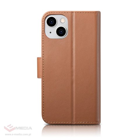 ICarer Wallet Case 2in1 etui iPhone 14 Plus skórzany pokrowiec z klapką Anti-RFID brązowy (WMI14220727-BN)