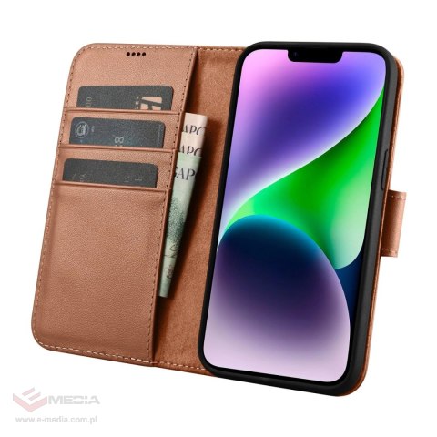 ICarer Wallet Case 2in1 etui iPhone 14 Plus skórzany pokrowiec z klapką Anti-RFID brązowy (WMI14220727-BN)