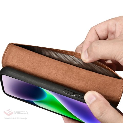 ICarer Wallet Case 2in1 etui iPhone 14 Plus skórzany pokrowiec z klapką Anti-RFID brązowy (WMI14220727-BN)