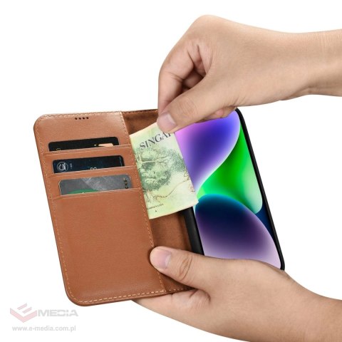 ICarer Wallet Case 2in1 etui iPhone 14 Plus skórzany pokrowiec z klapką Anti-RFID brązowy (WMI14220727-BN)