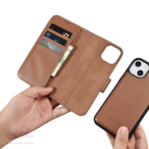 ICarer Wallet Case 2in1 etui iPhone 14 Plus skórzany pokrowiec z klapką Anti-RFID brązowy (WMI14220727-BN)