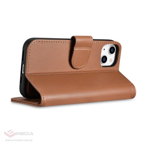 ICarer Wallet Case 2in1 etui iPhone 14 Plus skórzany pokrowiec z klapką Anti-RFID brązowy (WMI14220727-BN)