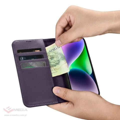 ICarer Wallet Case 2in1 etui iPhone 14 Plus skórzany pokrowiec z klapką Anti-RFID ciemnofioletowy (WMI14220727-DP)