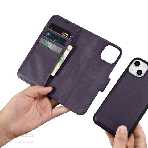 ICarer Wallet Case 2in1 etui iPhone 14 Plus skórzany pokrowiec z klapką Anti-RFID ciemnofioletowy (WMI14220727-DP)