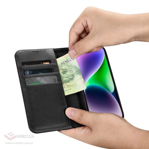 ICarer Wallet Case 2in1 etui iPhone 14 Plus skórzany pokrowiec z klapką Anti-RFID czarny (WMI14220727-BK)