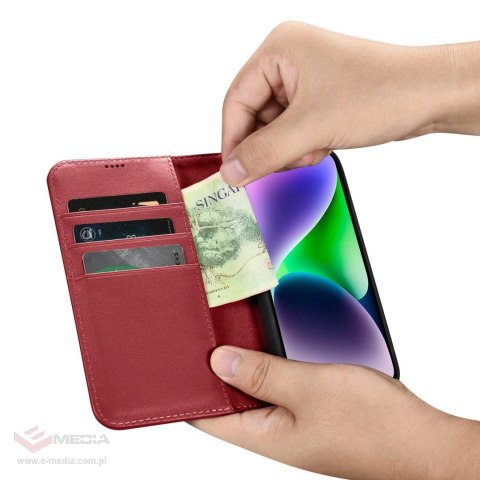 ICarer Wallet Case 2in1 etui iPhone 14 Plus skórzany pokrowiec z klapką Anti-RFID czerwony (WMI14220727-RD)