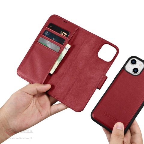 ICarer Wallet Case 2in1 etui iPhone 14 Plus skórzany pokrowiec z klapką Anti-RFID czerwony (WMI14220727-RD)