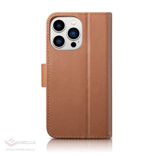 ICarer Wallet Case 2in1 etui iPhone 14 Pro skórzany pokrowiec z klapką Anti-RFID brązowy (WMI14220726-BN)