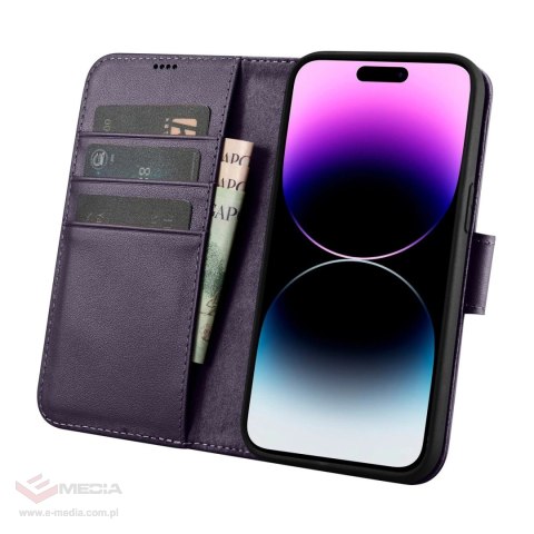 ICarer Wallet Case 2in1 etui iPhone 14 Pro skórzany pokrowiec z klapką Anti-RFID ciemnofioletowy (WMI14220726-DP)