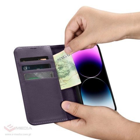 ICarer Wallet Case 2in1 etui iPhone 14 Pro skórzany pokrowiec z klapką Anti-RFID ciemnofioletowy (WMI14220726-DP)