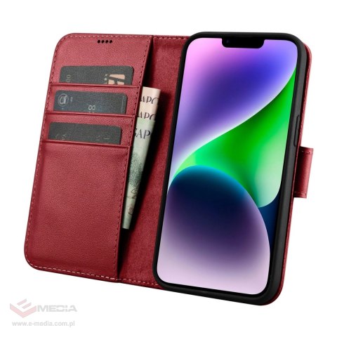 ICarer Wallet Case 2in1 etui iPhone 14 skórzany pokrowiec z klapką Anti-RFID czerwony (WMI14220725-RD)