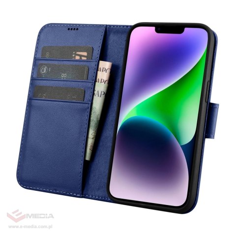 ICarer Wallet Case 2in1 etui iPhone 14 skórzany pokrowiec z klapką Anti-RFID niebieski (WMI14220725-BU)