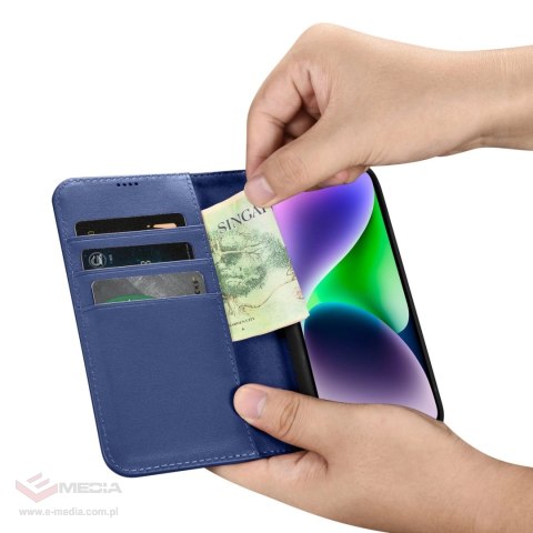 ICarer Wallet Case 2in1 etui iPhone 14 skórzany pokrowiec z klapką Anti-RFID niebieski (WMI14220725-BU)