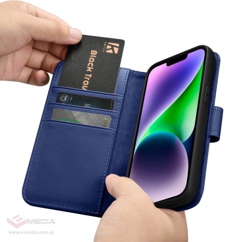 ICarer Wallet Case 2in1 etui iPhone 14 skórzany pokrowiec z klapką Anti-RFID niebieski (WMI14220725-BU)