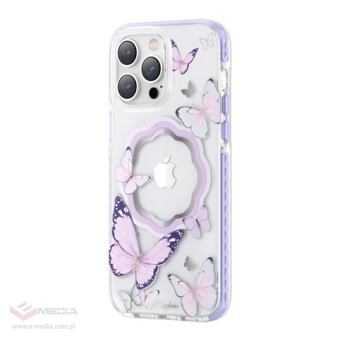 Kingxbar Butterfly Series magnetyczne etui iPhone 14 Plus MagSafe etui z motylami fioletowe