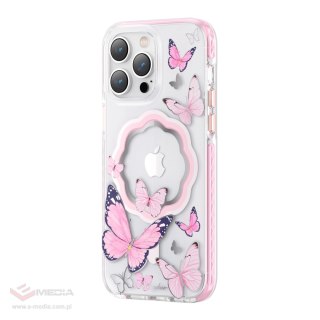 Kingxbar Butterfly Series magnetyczne etui iPhone 14 Plus MagSafe etui z motylami różowe