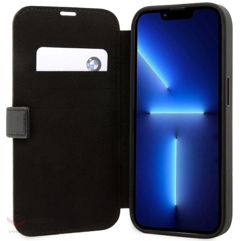 Etui BMW Leather Stamp Blue Lines na iPhone 14 Pro - czarne