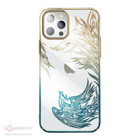 Luksusowe etui iPhone 14 Plus z kryształami Kingxbar Phoenix - złoto-niebieskie