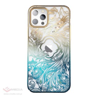 Luksusowe etui iPhone 14 Plus z kryształami Kingxbar Phoenix - złoto-niebieskie