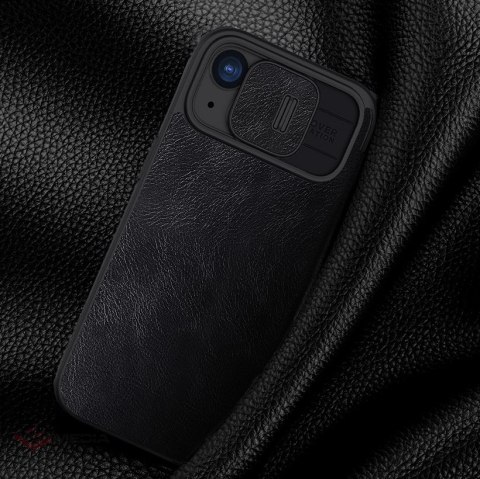 Skórzane etui z klapką Nillkin Qin Pro Leather do iPhone 15 z osłoną aparatu - czarne