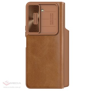 Skórzane etui z klapką i osłoną aparatu do Samsung Galaxy Z Fold 5 Nillkin Qin Leather Pro - brązowy