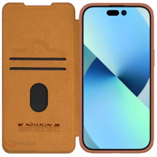 Skórzane etui z klapką osłoną aparatu do iPhone 15 Plus Nillkin Qin Pro Leather - brązowe