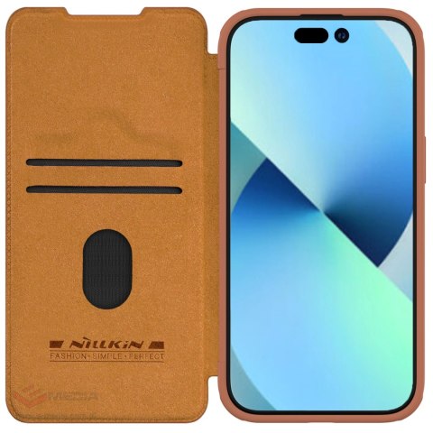 Skórzane etui z klapką osłoną aparatu do iPhone 15 Plus Nillkin Qin Pro Leather - brązowe