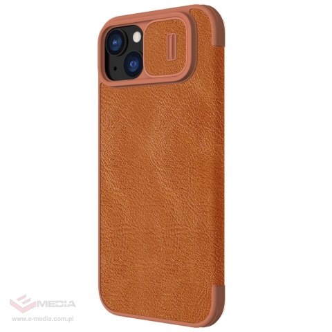 Skórzane etui z klapką osłoną aparatu do iPhone 15 Plus Nillkin Qin Pro Leather - brązowe