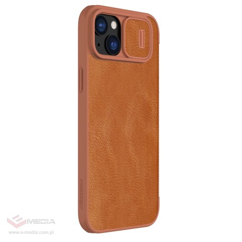 Skórzane etui z klapką osłoną aparatu do iPhone 15 Plus Nillkin Qin Pro Leather - brązowe