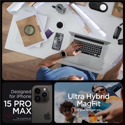 Etui Spigen Ultra Hybrid Mag z MagSafe na iPhone 15 Pro Max - ciemnoszare (wzór Zero One)