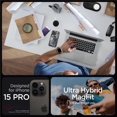 Etui Spigen Ultra Hybrid Mag z MagSafe na iPhone 15 Pro - ciemnoszare (wzór Zero One)