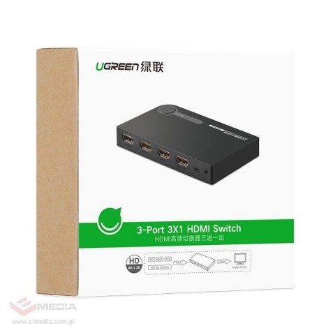 Ugreen przełącznik rozdzielacz splitter switch HDMI - 3x HDMI 3D 4K 7,5 Gbps 36 bit na kanał czarny (40234)