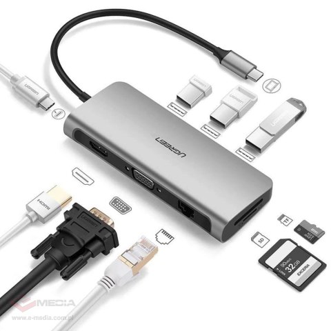 Adapter Ugreen CM179 9w1 USB-C - 3x USB-A 3.0 / HDMI / VGA / RJ45 / czytnik kart TF / SD / USB-C - szary