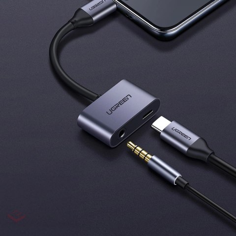 Adapter Ugreen CM193 50596 audio dwuportowy USB-C (męski) - mini jack 3.5mm / USB-C (żeński) - szary