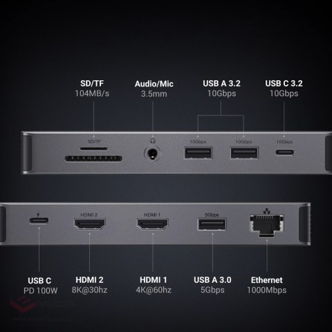 HUB Ugreen CM681 15978 13w1 USB-C - 2x USB-A 3.2 / 2x USB-A 3.0 / USB-C 3.2 / 2x HDMI / DisplayPort / RJ45 / SD i TF / AUX / USB