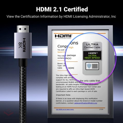 Kabel Ugreen HD171 25910 ze złączami HDMI 2.1 8K certyfikowany 2 m - szary