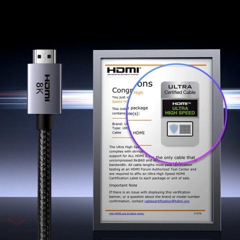 Kabel Ugreen HD171 35376 ze złączami HDMI 2.1 8K certyfikowany 5 m - szary