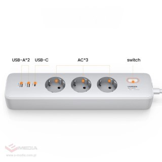 Przedłużacz Ugreen CD286 3x AC 2x USB-A 1x USB-C 30W z włącznikiem - biały