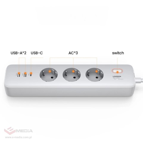 Przedłużacz Ugreen CD286 3x AC 2x USB-A 1x USB-C 30W z włącznikiem - biały