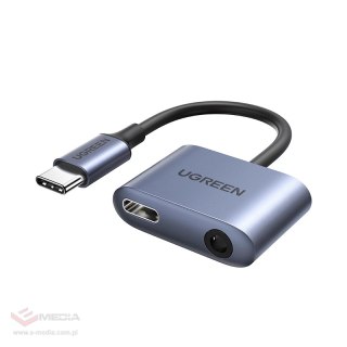 Ugreen adapter audio przejściówka USB Typ C (męski) - USB Typ C PD QC (żeński) + mini jack 3,5mm (żeński) szary (CM231)