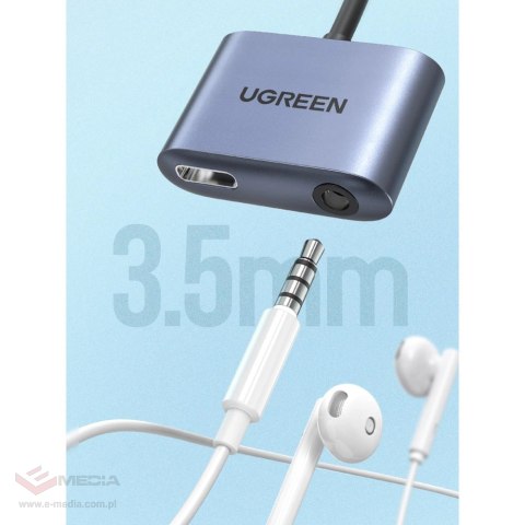 Ugreen adapter audio przejściówka USB Typ C (męski) - USB Typ C PD QC (żeński) + mini jack 3,5mm (żeński) szary (CM231)