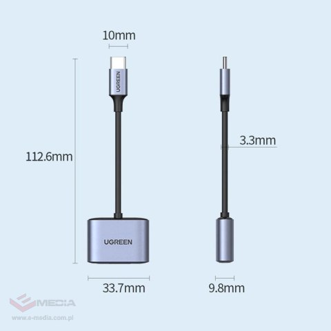 Ugreen adapter audio przejściówka USB Typ C (męski) - USB Typ C PD QC (żeński) + mini jack 3,5mm (żeński) szary (CM231)